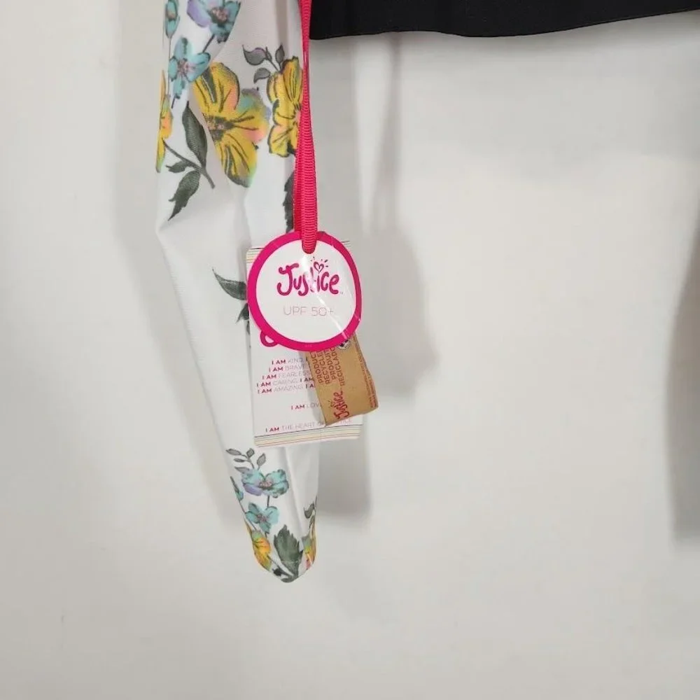 Justice Girls Long Sleeve Elastic‎ Trim Floral Print Rash Guard Swimsuit TOP Sm